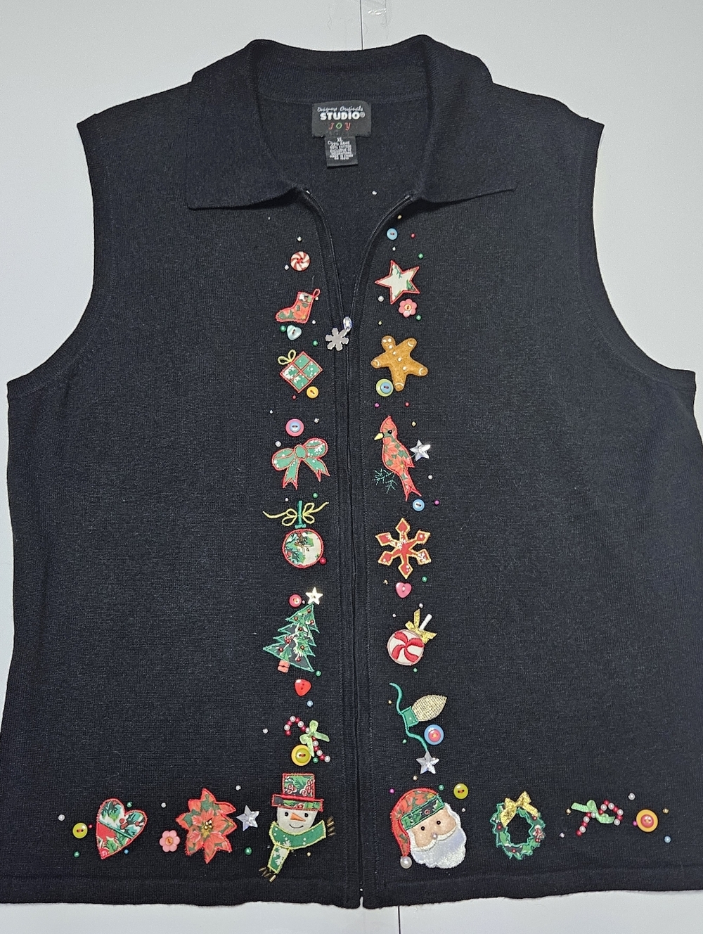 Designers Originals Studio Joy Holiday Black Embroided Christmas Vest XL